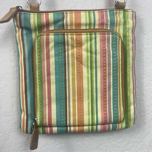 Fossil Crossbody Handbag Womens Striped Multicolor Tan Leather Trim Adjustable - Picture 1 of 14